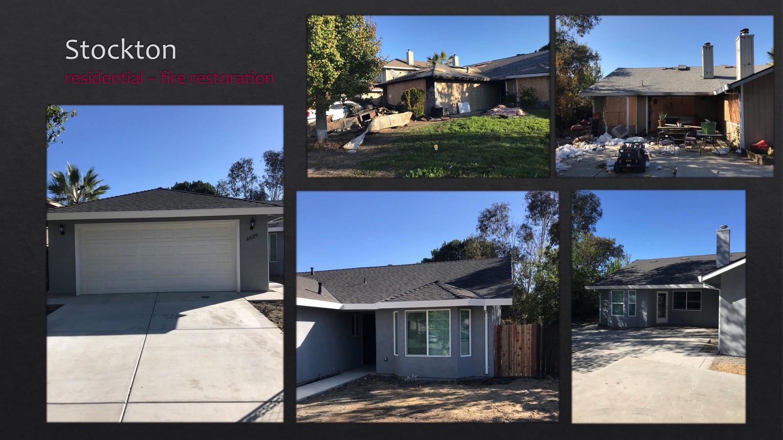 Stockton Residential fire restoration - front and back of house