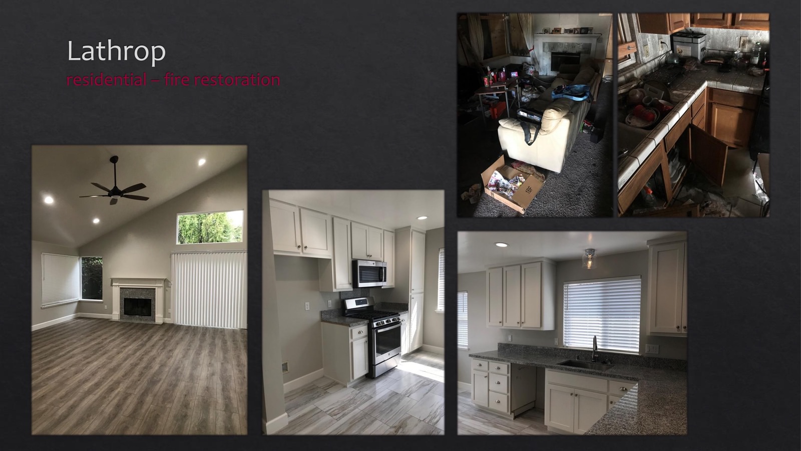 Lathrop Residential fire restoration - living room and kitchen